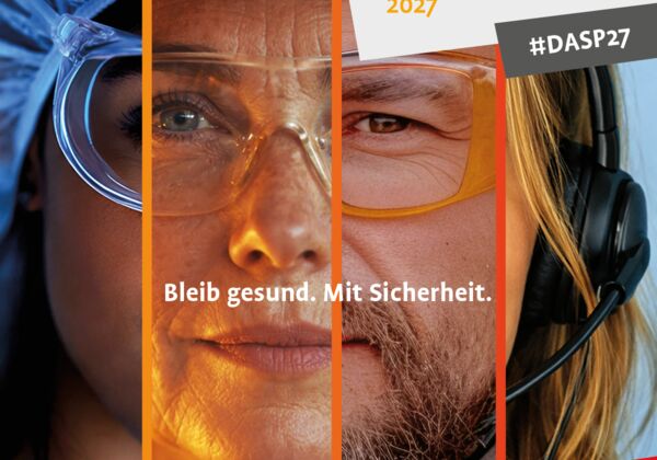Keyvisual des Deutschen Arbeitsschutzpreises 2027 in quadratischer Form mit Claim, Hashtag und URL