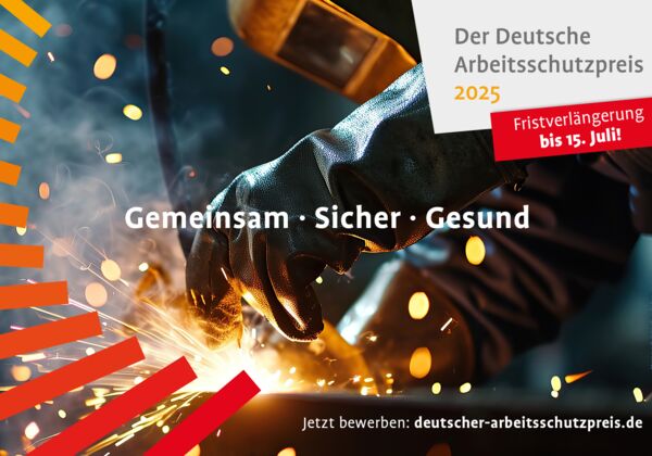 Rechteckiges Keyvisual des Deutschen Arbeitsschutzpreises mit Logo und Claim: Gemeinsam. Sicher. Gesund., sowie Störer "Fristverlängerung".