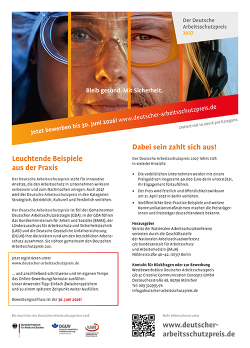Informationsflyer zur Bewerbungsphase des Deutschen Arbeitsschutzpreises 2027